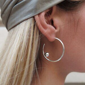 Minimalist Open Large Hoop Earrings Sphere Accent Modern Stud Silver Toned NEW
